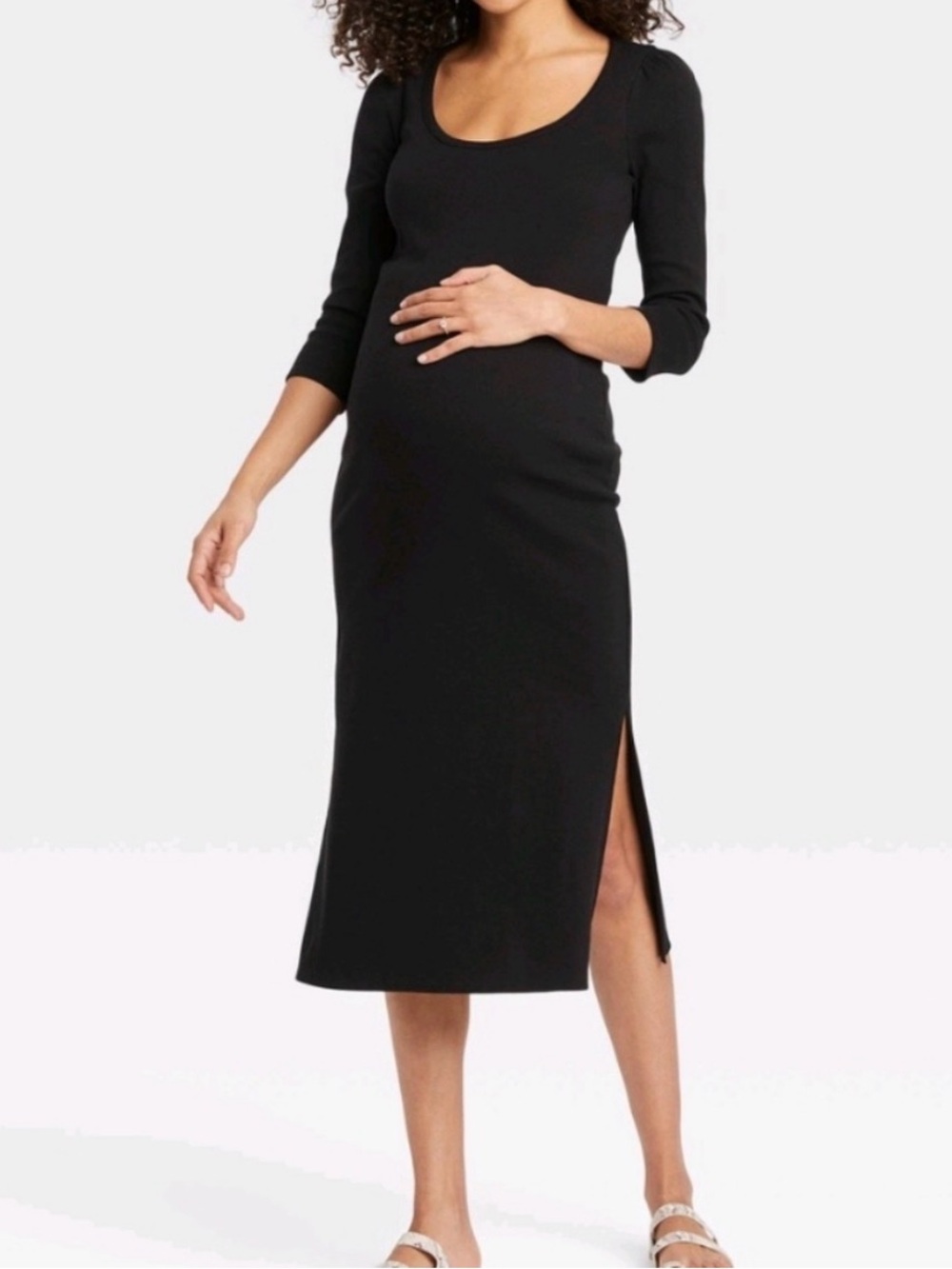 The Nines by Hatch Women Maternity Black Maxi Dress Side Slits Scoop Neck Medium